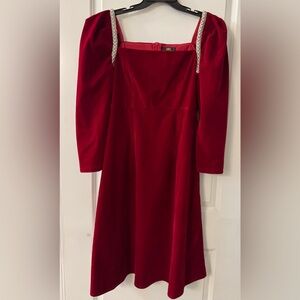 #x959 - Dolce Viva Collection Red Velvet Long Puff Sleeve Fit & Flare Midi Dress
